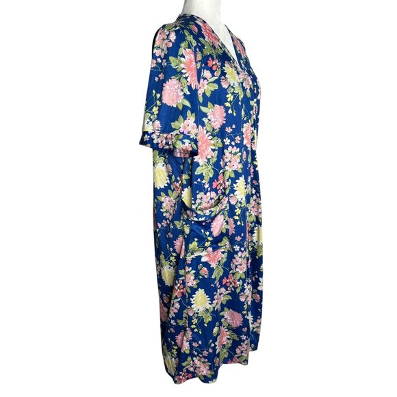 Anthony Richards Blue Floral Housecoat Pockets Medium Short Sleeve Lightweight - Picture 5 of 6
